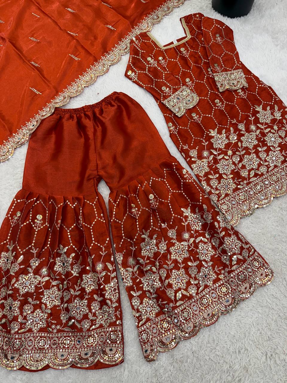 Designer GMY Silk Sharara Set with Real Mirror Hand Work | Fully Stitched 3-Piece