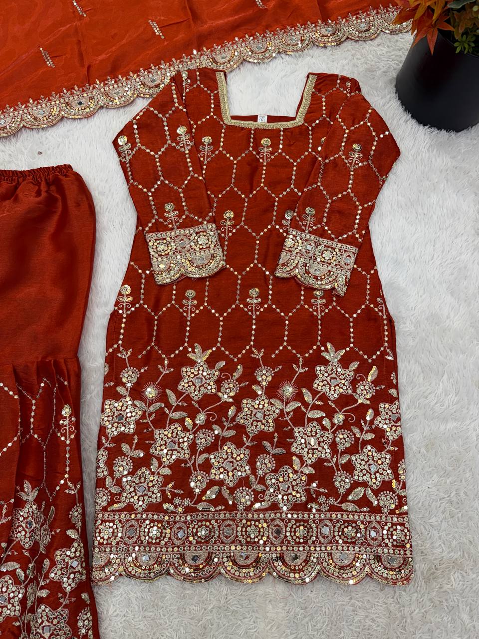 Designer GMY Silk Sharara Set with Real Mirror Hand Work | Fully Stitched 3-Piece