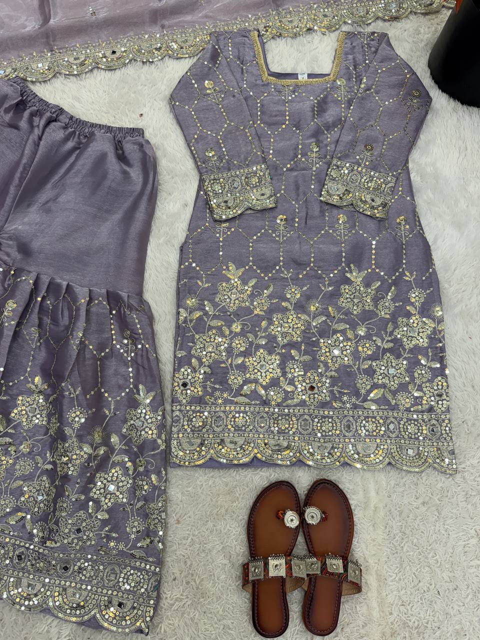 Designer GMY Silk Sharara Set with Real Mirror Hand Work | Fully Stitched 3-Piece