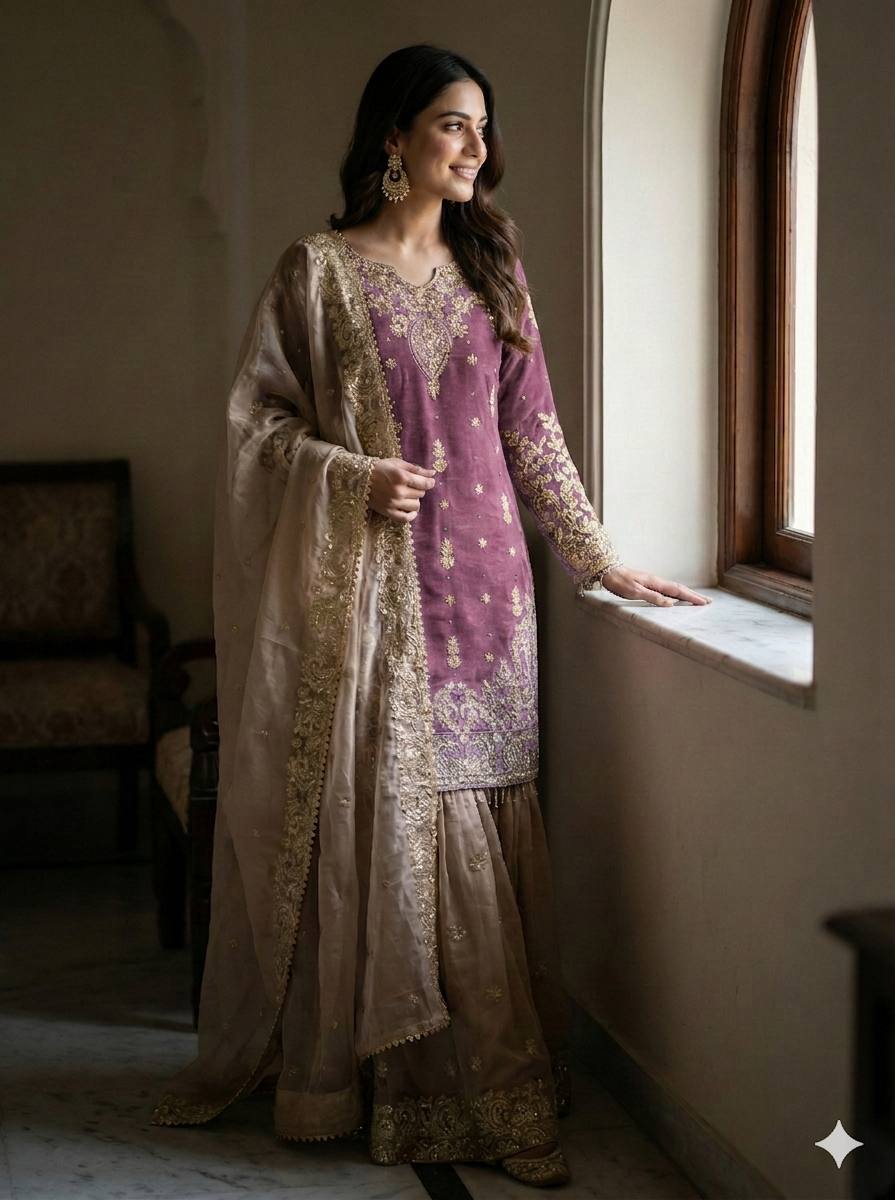 Royal Eid Designer Sharara Set | Heavy GMY Silk Embroidered 3-Piece – Fully Stitched