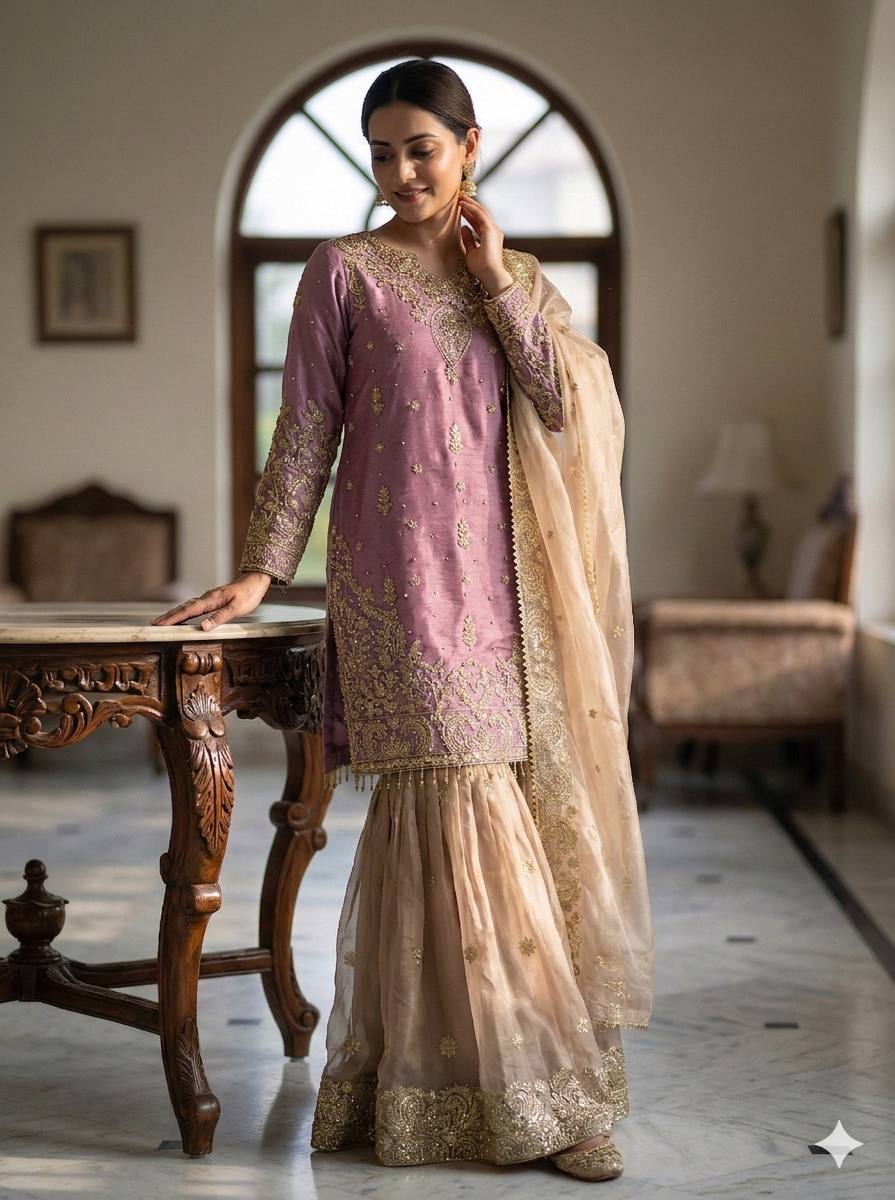 Royal Eid Designer Sharara Set | Heavy GMY Silk Embroidered 3-Piece – Fully Stitched