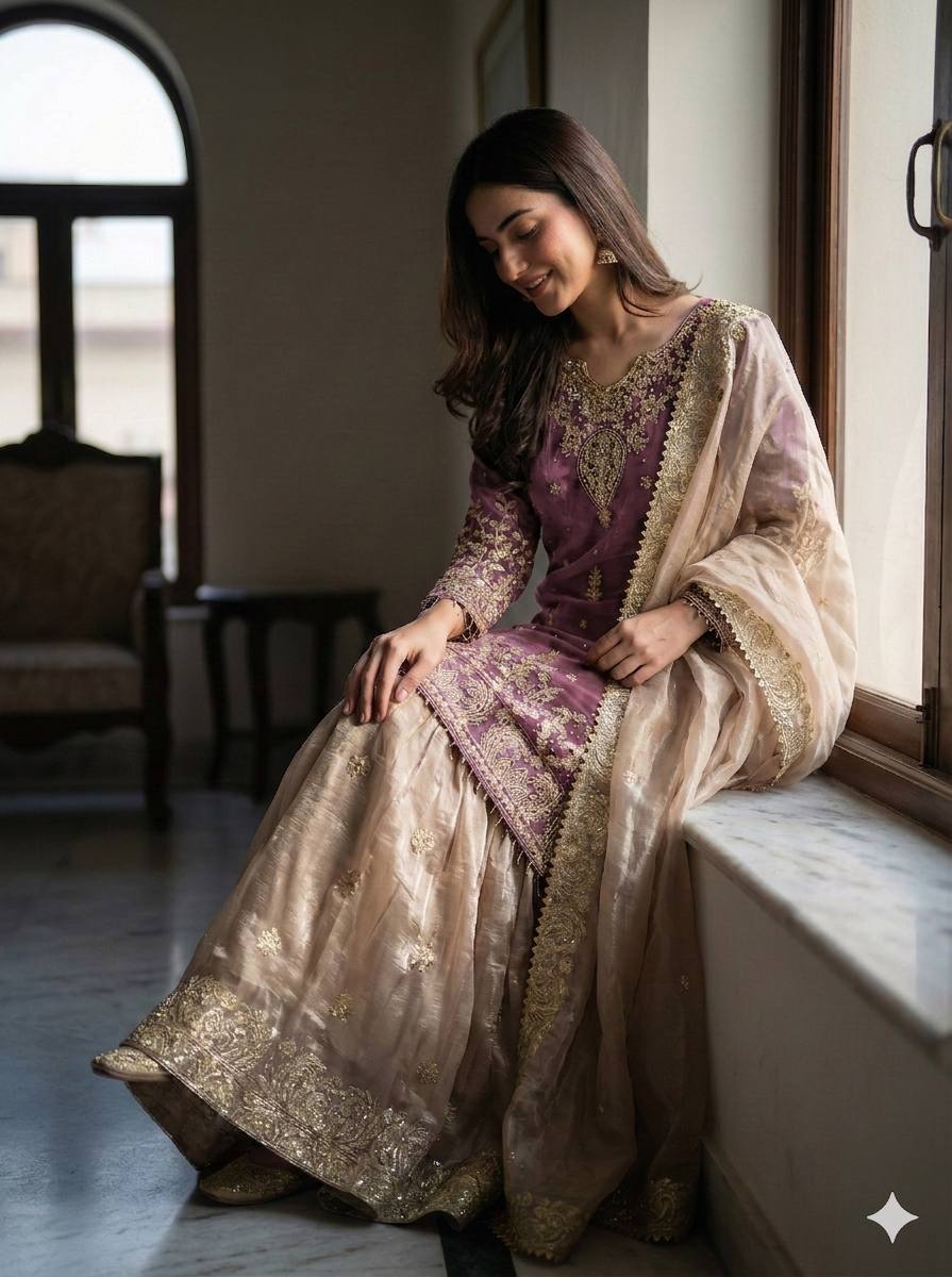 Royal Eid Designer Sharara Set | Heavy GMY Silk Embroidered 3-Piece – Fully Stitched