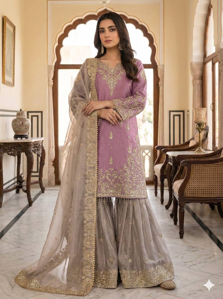 Royal Eid Designer Sharara Set | Heavy GMY Silk Embroidered 3-Piece – Fully Stitched