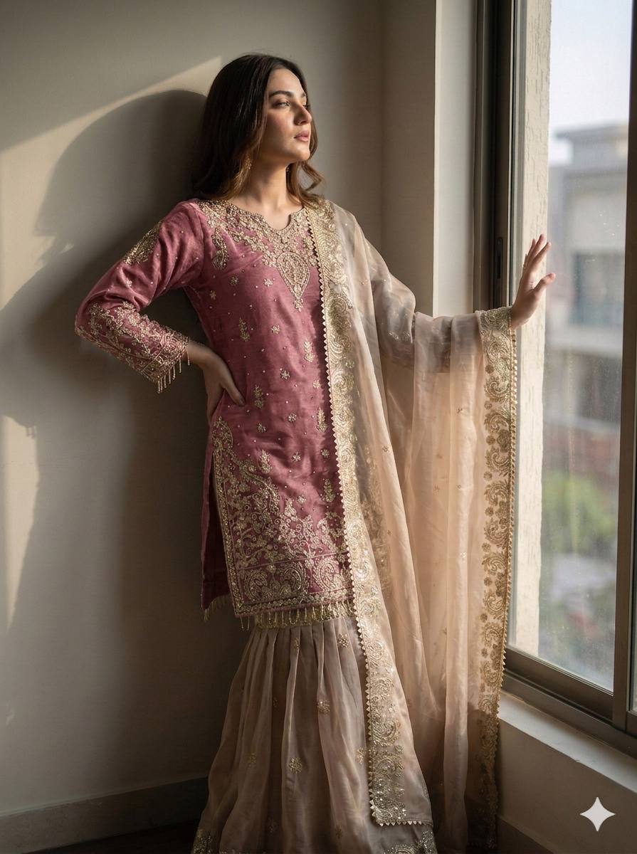 Royal Eid Designer Sharara Set | Heavy GMY Silk Embroidered 3-Piece – Fully Stitched