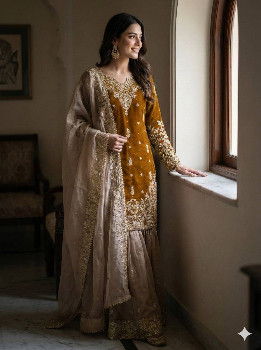 Royal Eid Designer Sharara Set | Heavy GMY Silk Embroidered 3-Piece – Fully Stitched