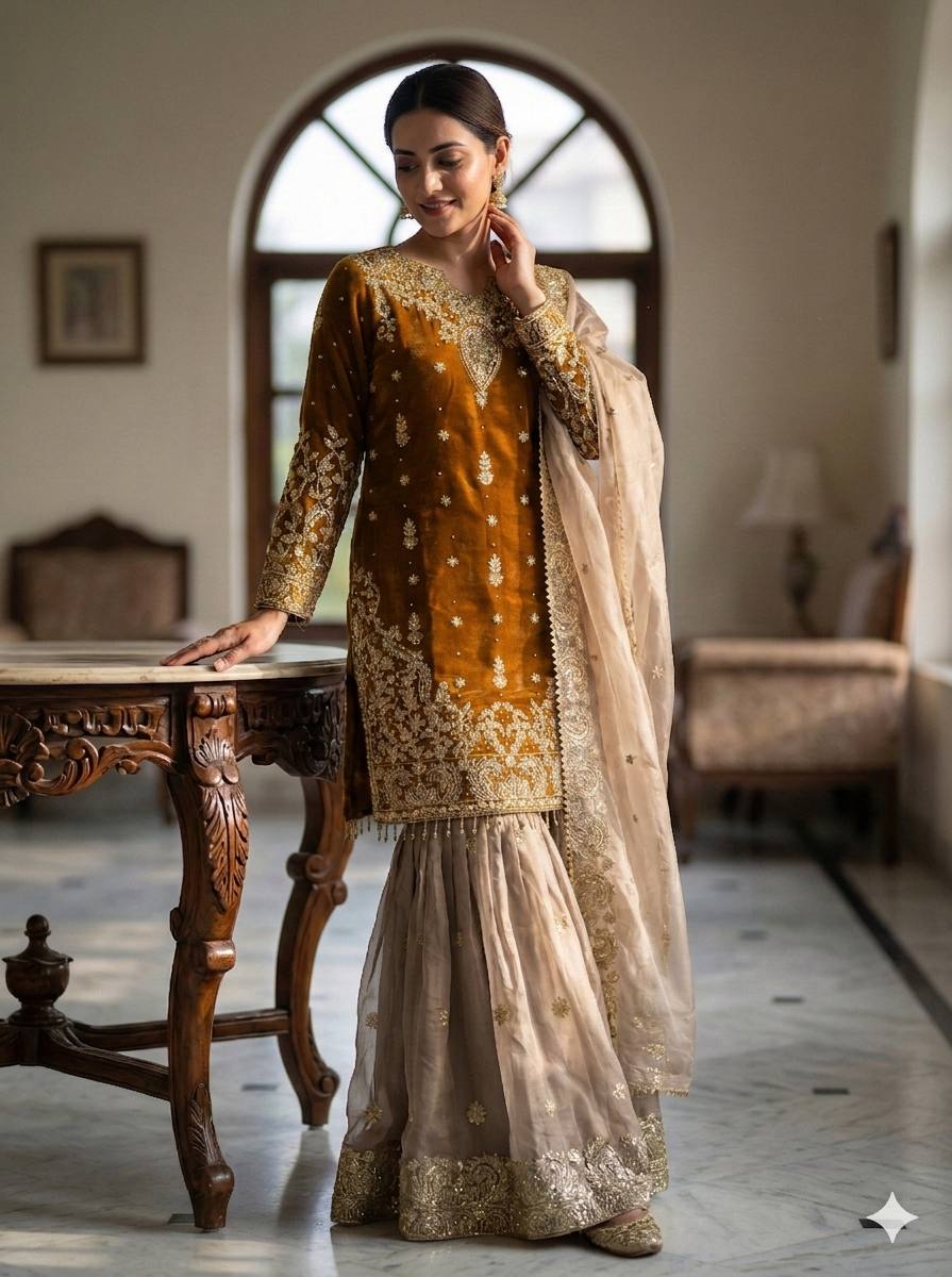 Royal Eid Designer Sharara Set | Heavy GMY Silk Embroidered 3-Piece – Fully Stitched