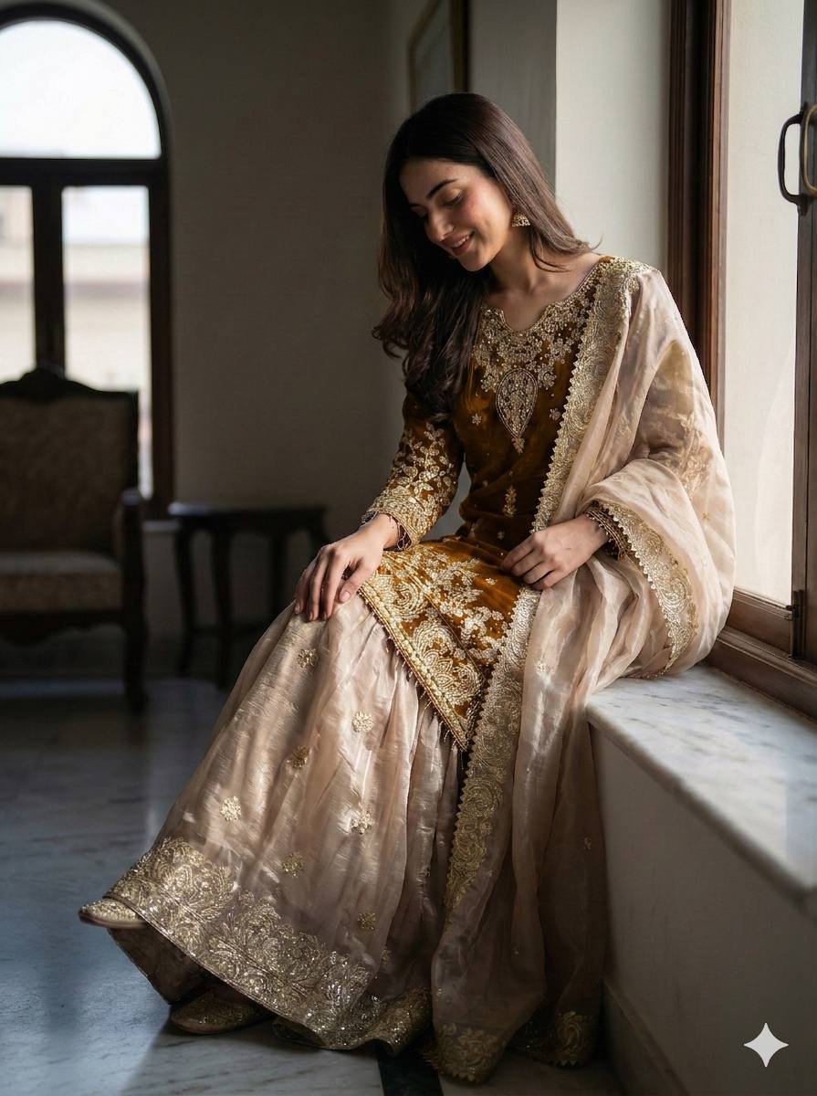 Royal Eid Designer Sharara Set | Heavy GMY Silk Embroidered 3-Piece – Fully Stitched