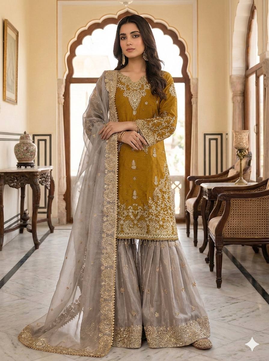 Royal Eid Designer Sharara Set | Heavy GMY Silk Embroidered 3-Piece – Fully Stitched