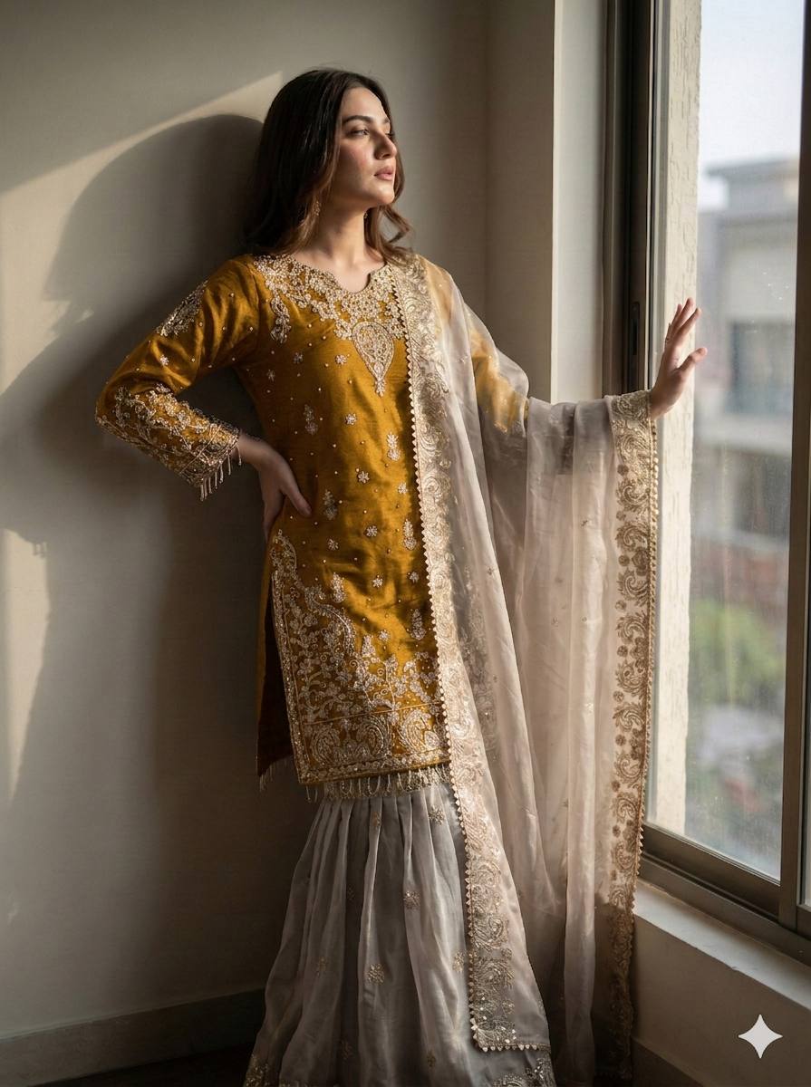 Royal Eid Designer Sharara Set | Heavy GMY Silk Embroidered 3-Piece – Fully Stitched