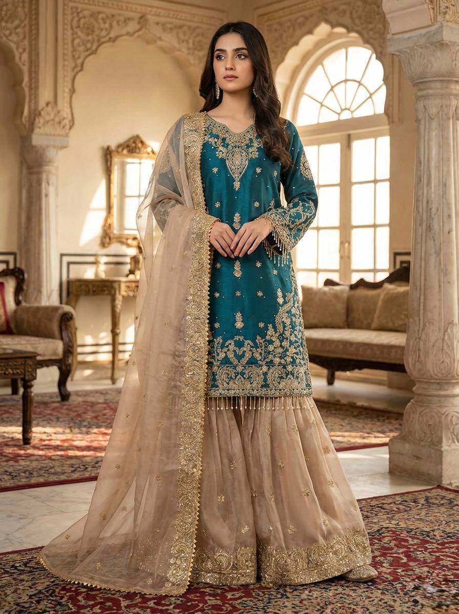 Royal Eid Designer Sharara Set | Heavy GMY Silk Embroidered 3-Piece – Fully Stitched