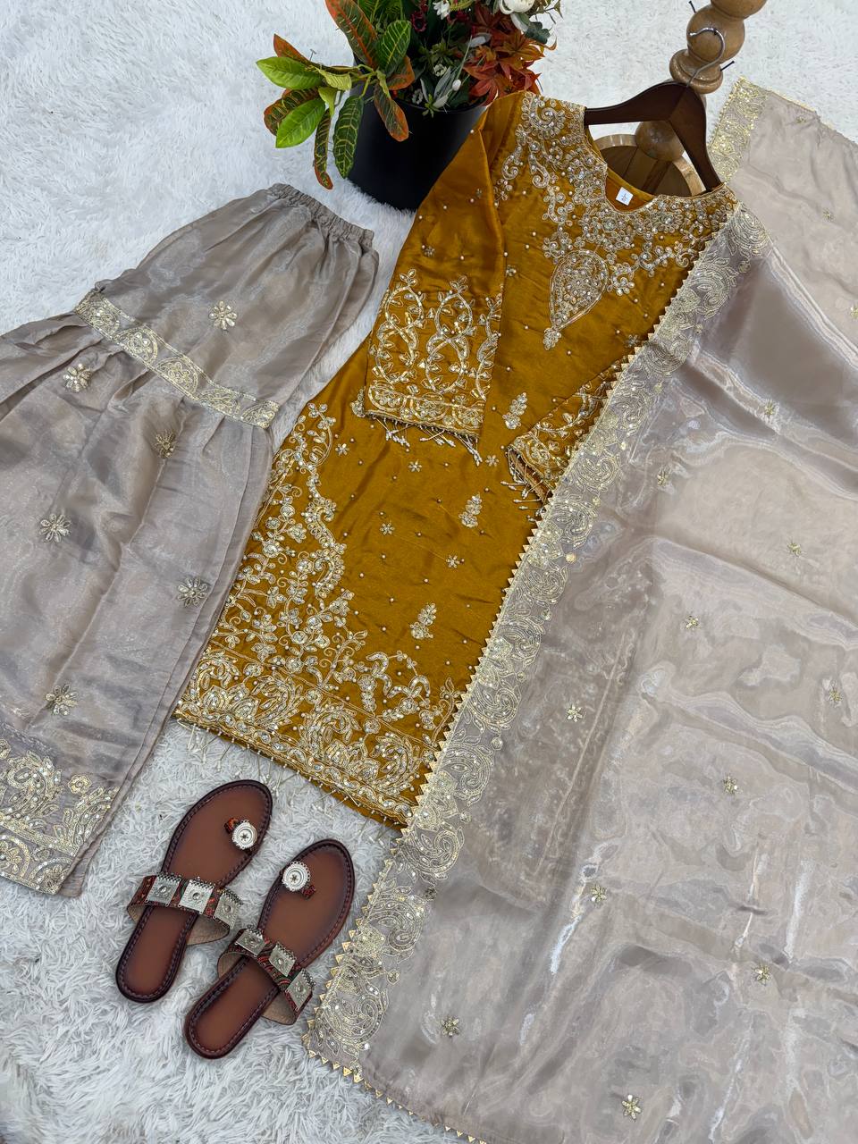 Royal Eid Designer Sharara Set | Heavy GMY Silk Embroidered 3-Piece – Fully Stitched