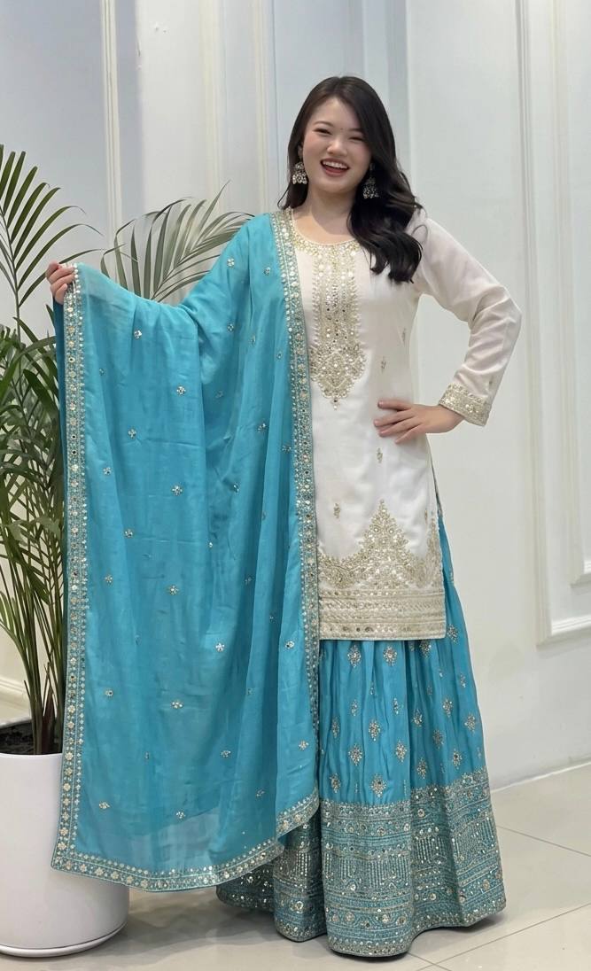Ocean Blue Chinon Silk Palazzo Set with Dupatta — Ready to Wear