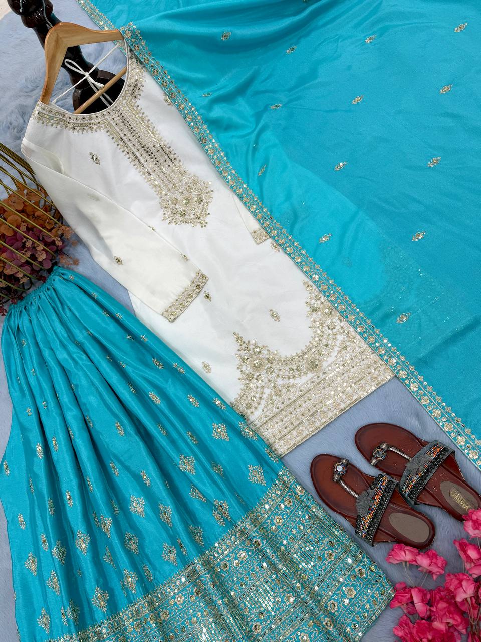 Ocean Blue Chinon Silk Palazzo Set with Dupatta — Ready to Wear