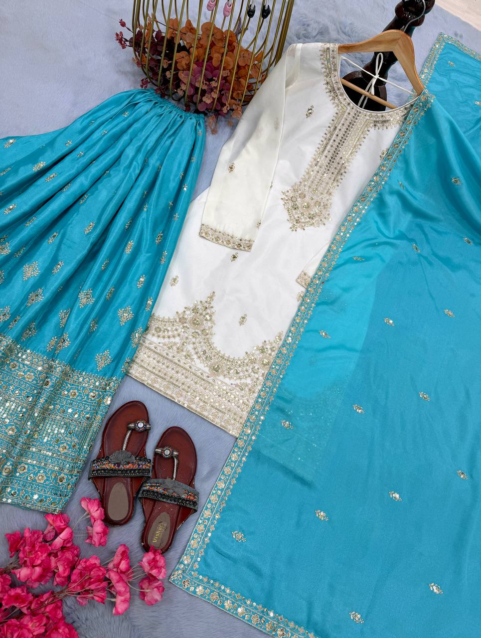 Ocean Blue Chinon Silk Palazzo Set with Dupatta — Ready to Wear