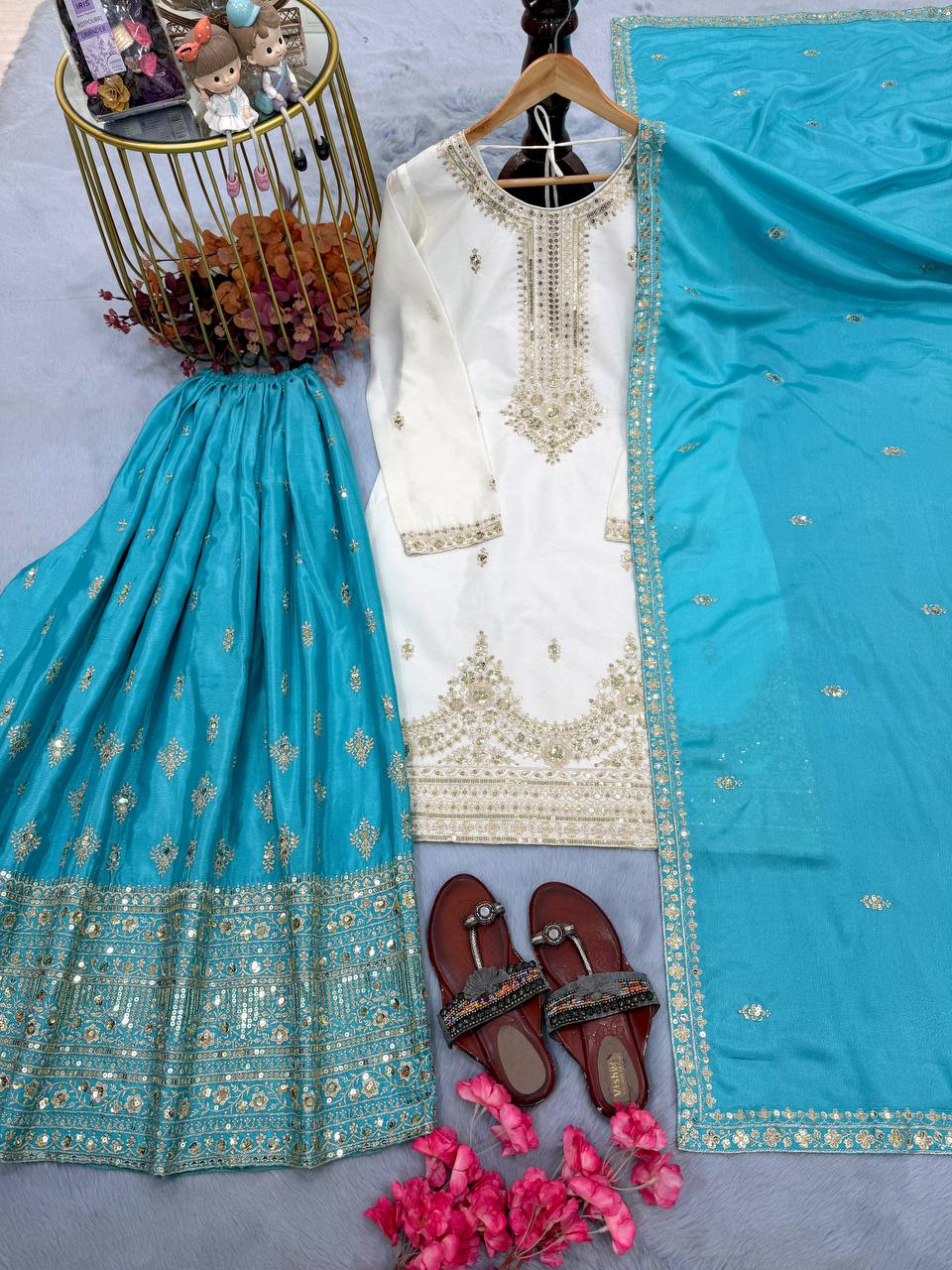 Ocean Blue Chinon Silk Palazzo Set with Dupatta — Ready to Wear