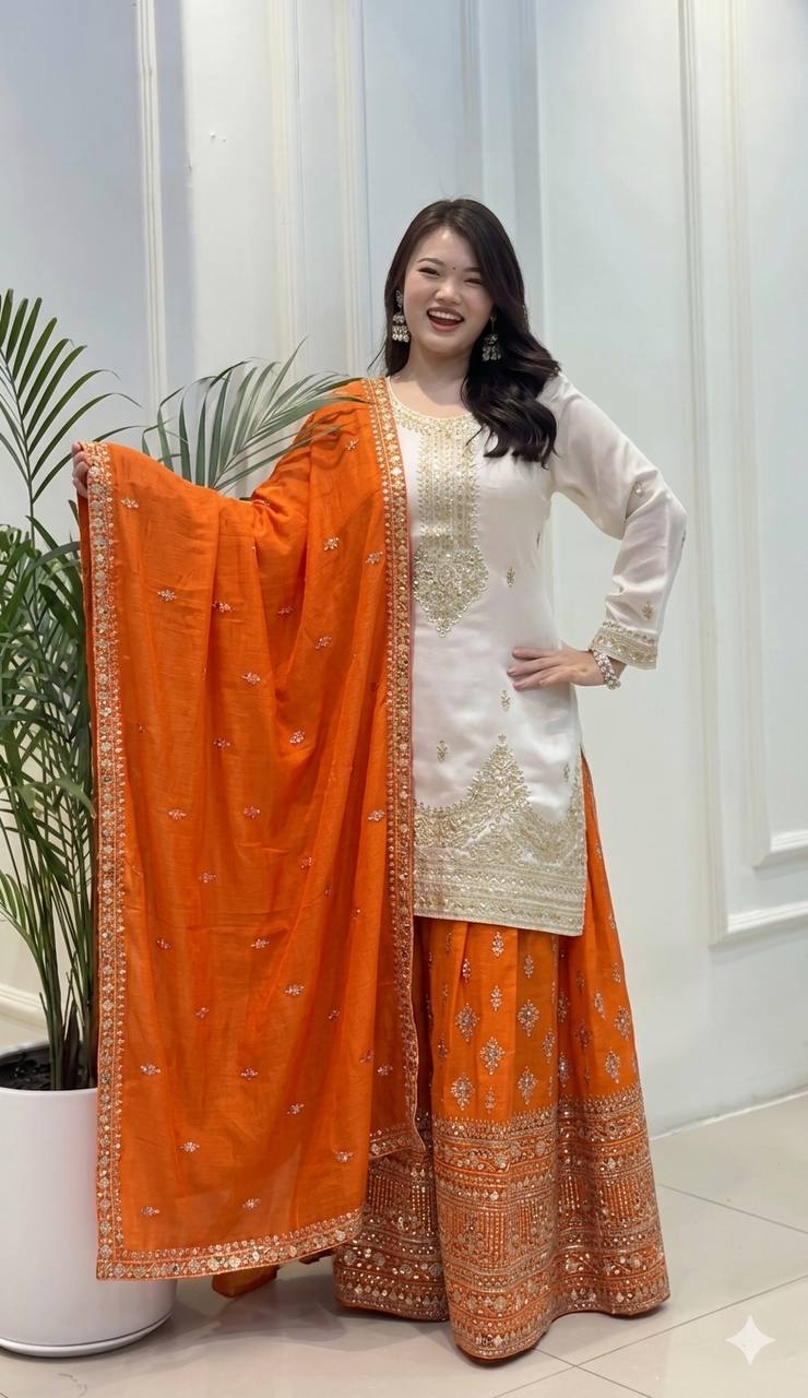 Ocean Blue Chinon Silk Palazzo Set with Dupatta — Ready to Wear