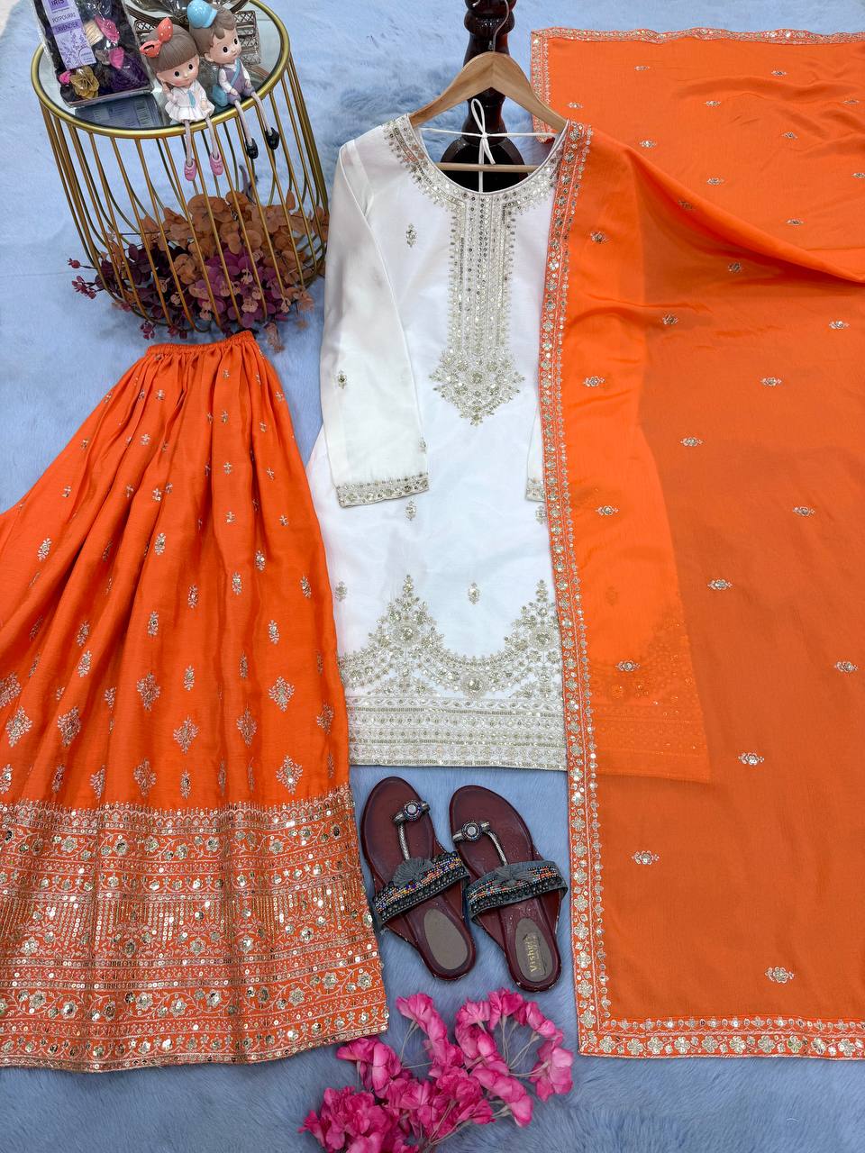 Ocean Blue Chinon Silk Palazzo Set with Dupatta — Ready to Wear