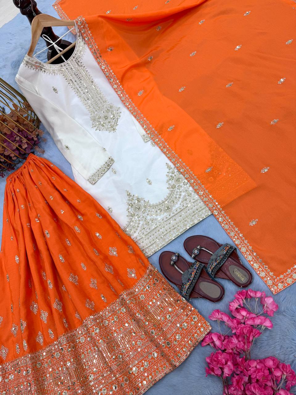 Ocean Blue Chinon Silk Palazzo Set with Dupatta — Ready to Wear
