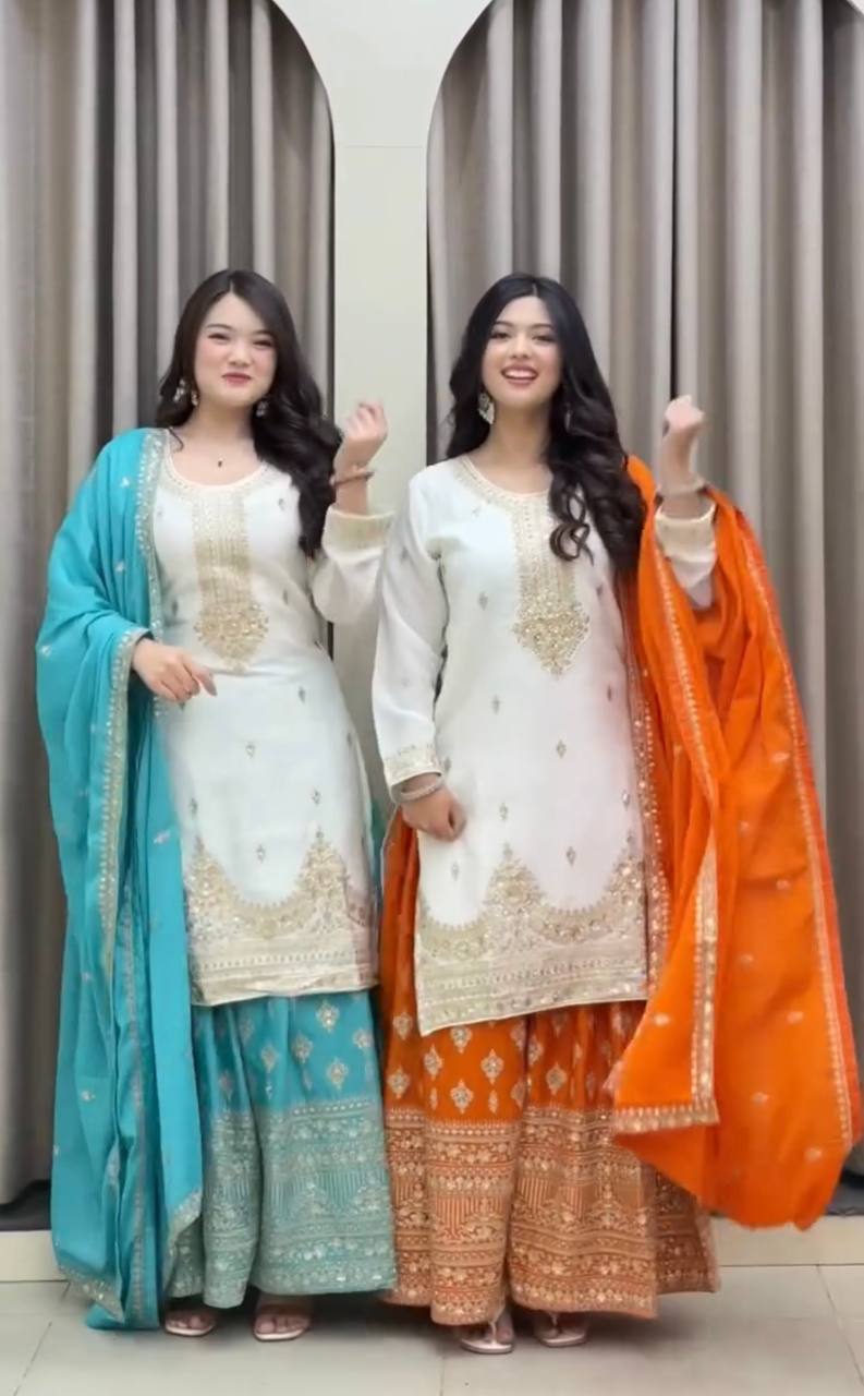 Ocean Blue Chinon Silk Palazzo Set with Dupatta — Ready to Wear