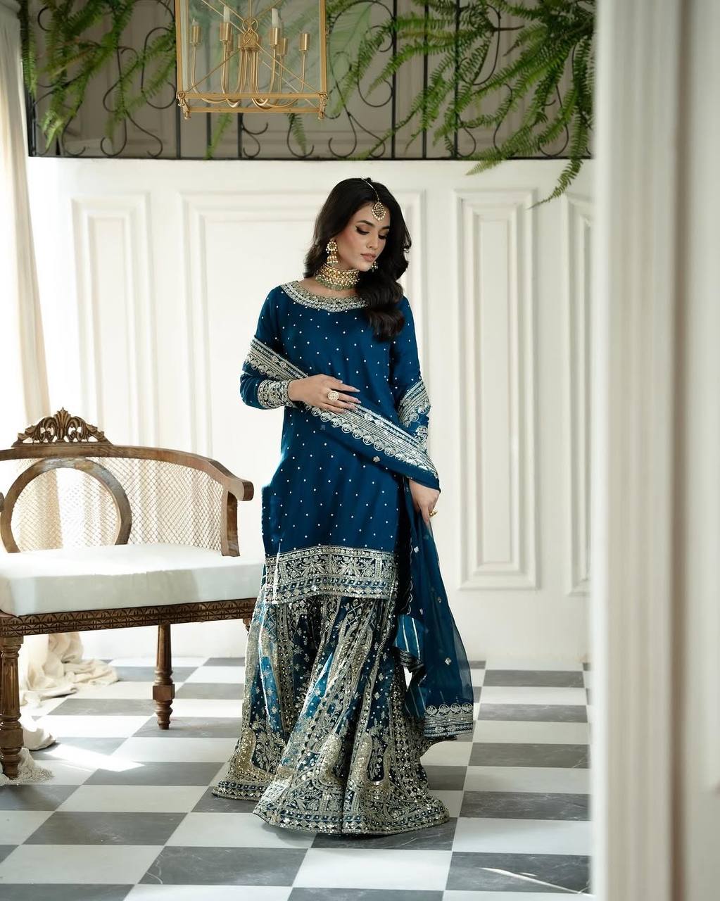 Faux Georgette Sequin & Moti Work Gharara Set with Dupatta — Ready to Wear