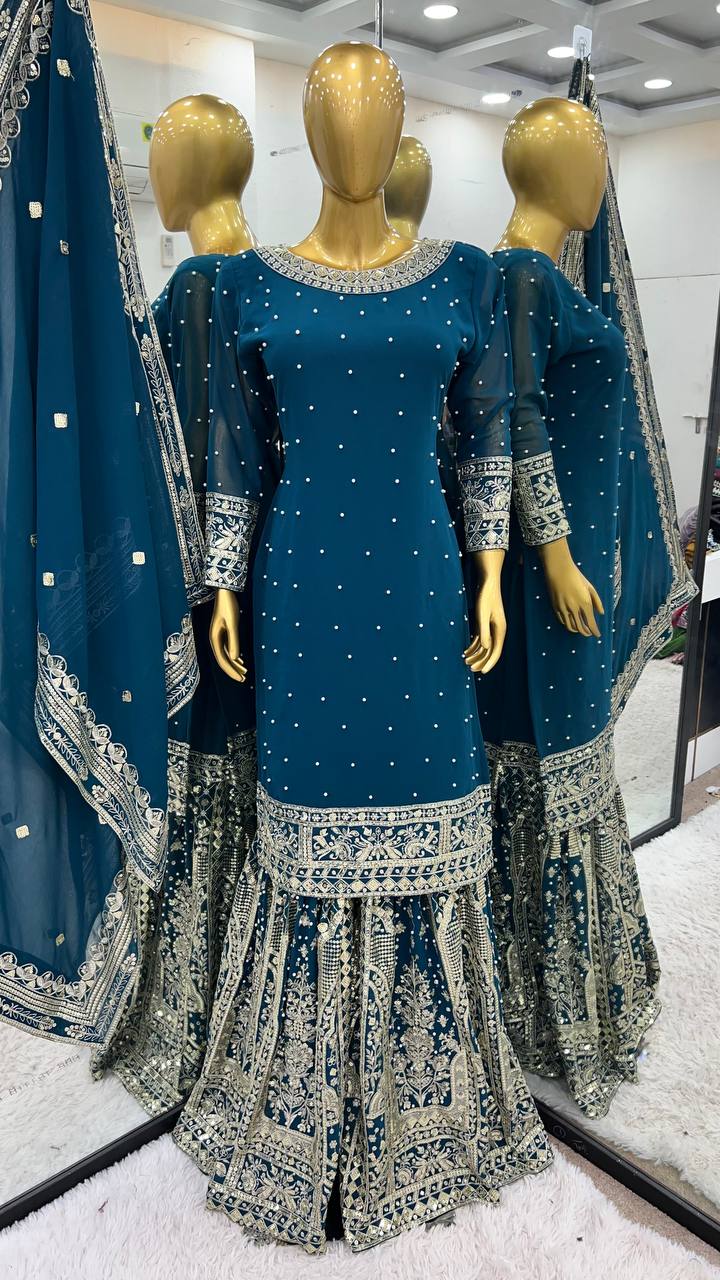 Faux Georgette Sequin & Moti Work Gharara Set with Dupatta — Ready to Wear