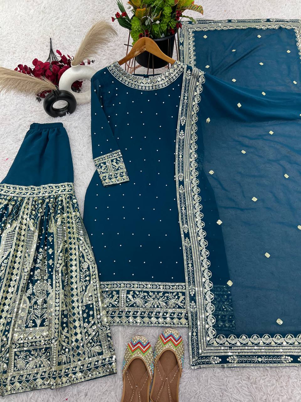Faux Georgette Sequin & Moti Work Gharara Set with Dupatta — Ready to Wear