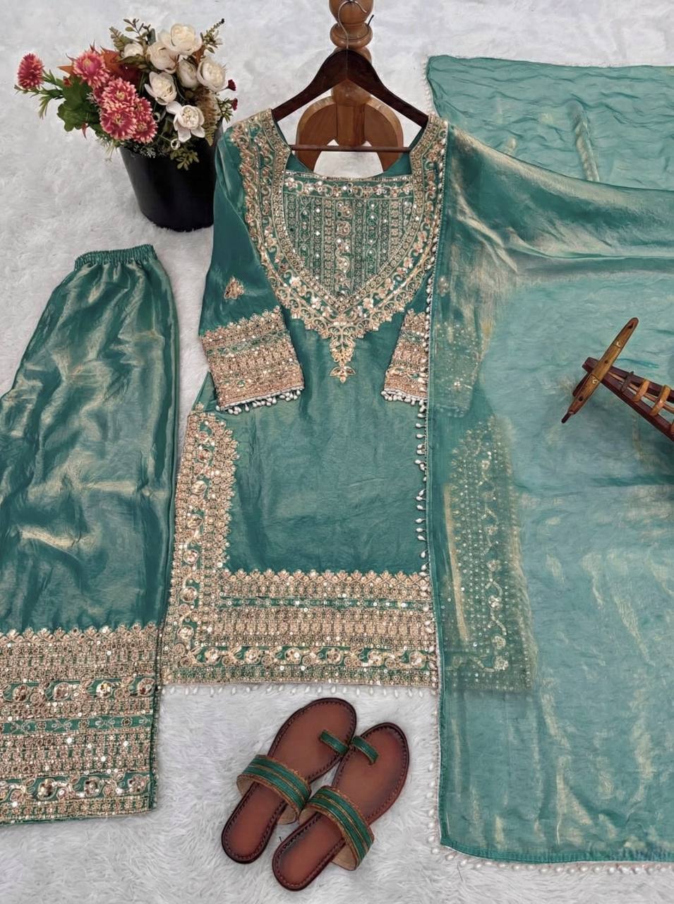 Fendy Silk Embroidered Sharara Pant Suit with Dupatta — Fully Stitched 3-Piece