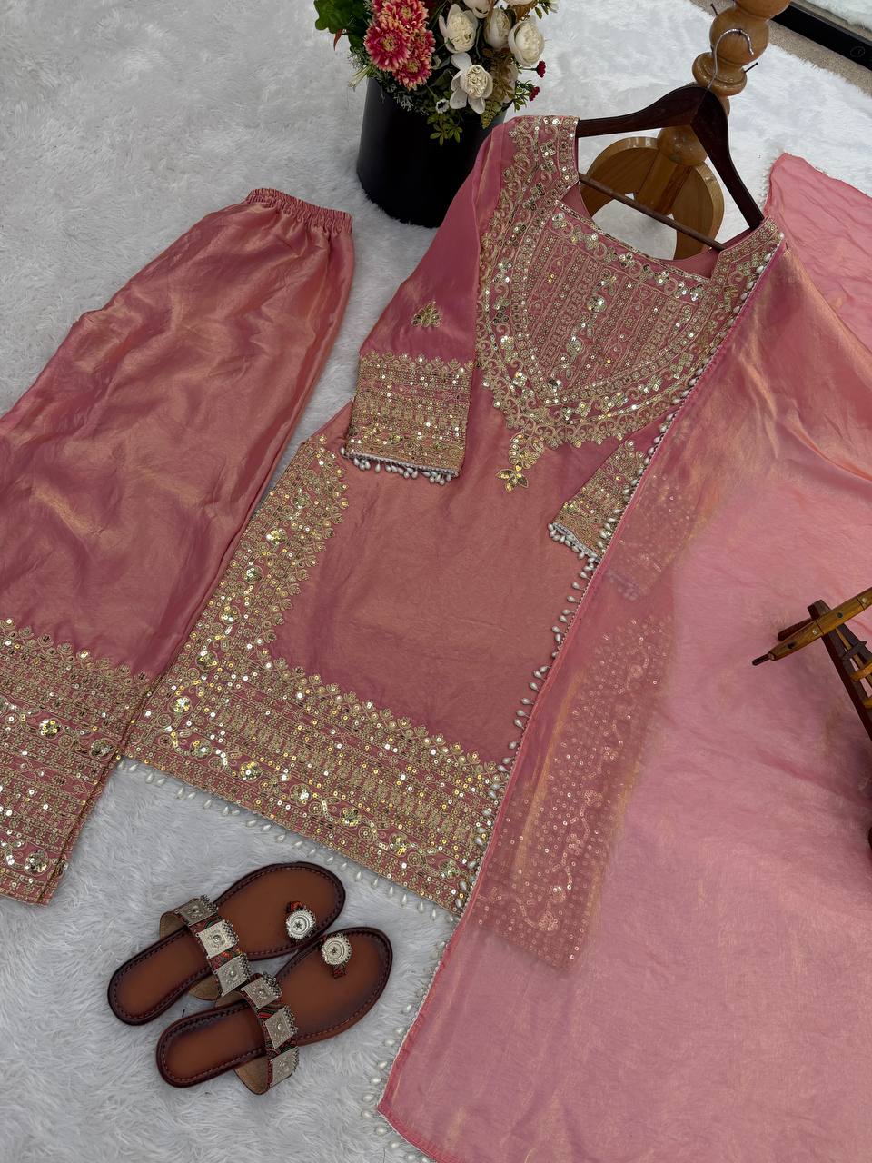 Fendy Silk Embroidered Sharara Pant Suit with Dupatta — Fully Stitched 3-Piece