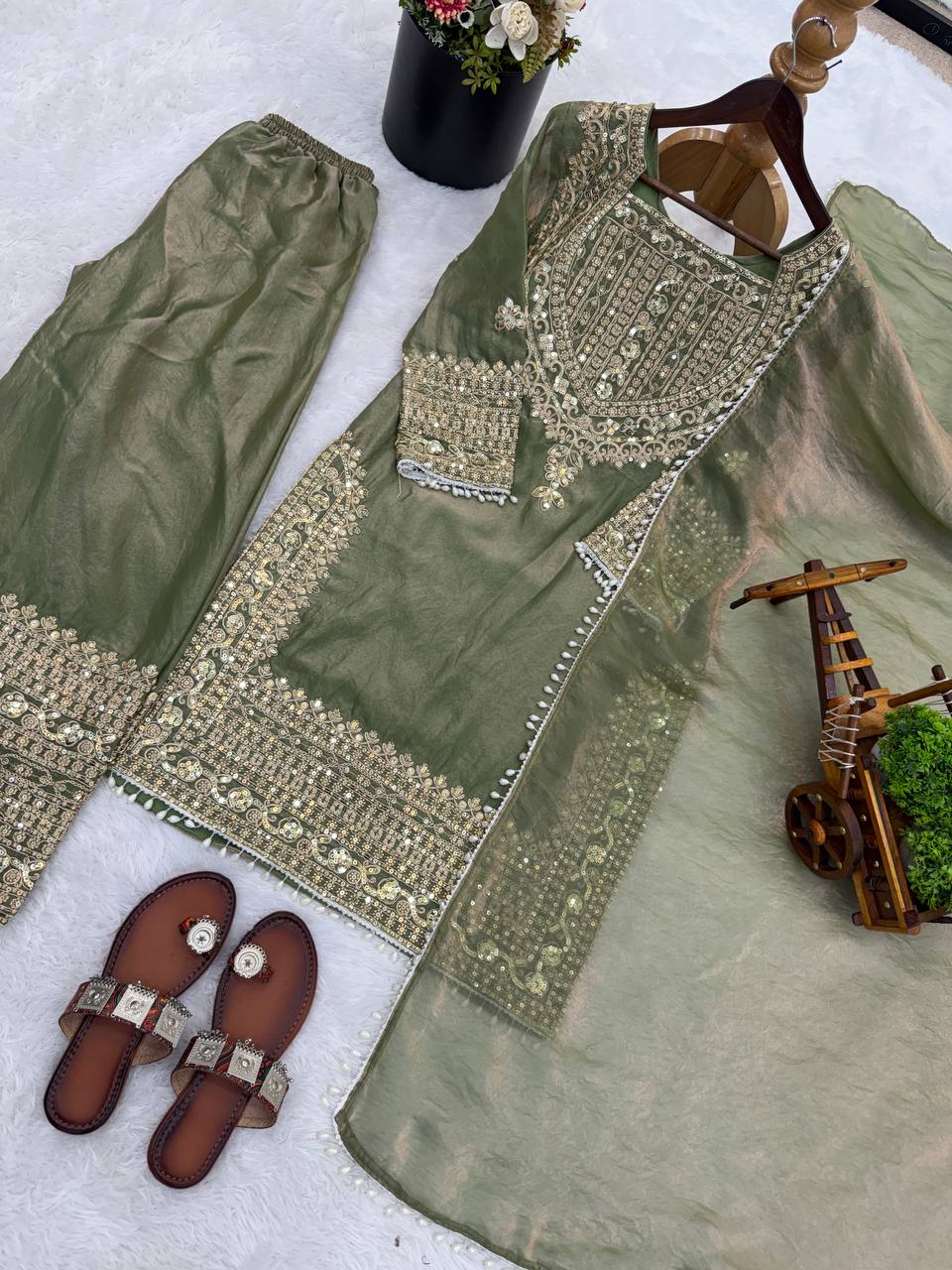 Fendy Silk Embroidered Sharara Pant Suit with Dupatta — Fully Stitched 3-Piece