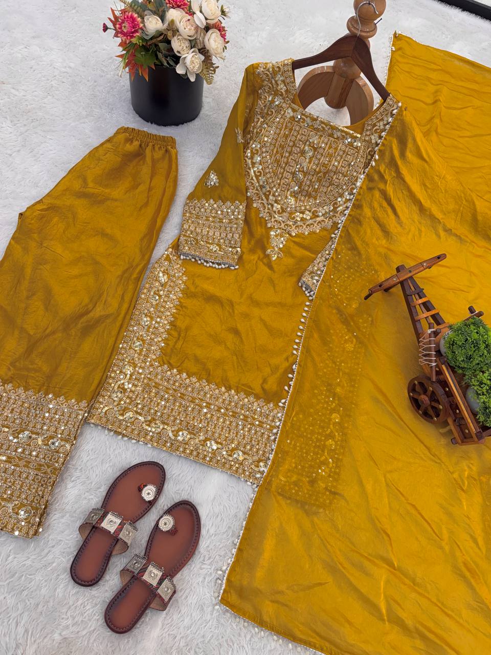 Fendy Silk Embroidered Sharara Pant Suit with Dupatta — Fully Stitched 3-Piece