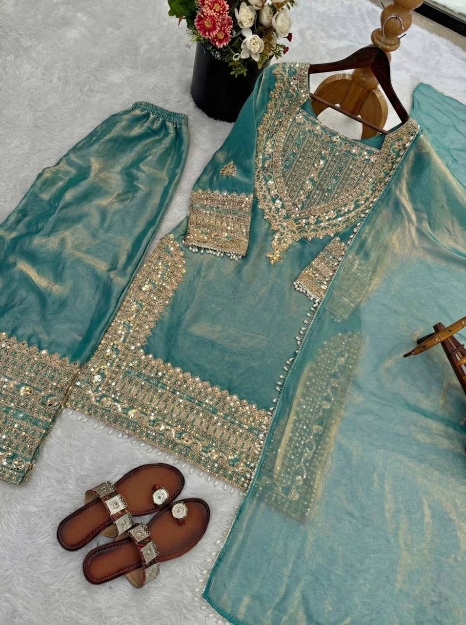 Fendy Silk Embroidered Sharara Pant Suit with Dupatta — Fully Stitched 3-Piece