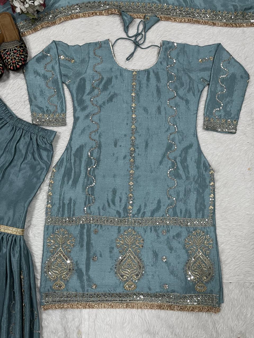 Chinon Silk Embroidered Sharara Palazzo Set with Dupatta — Ready to Wear