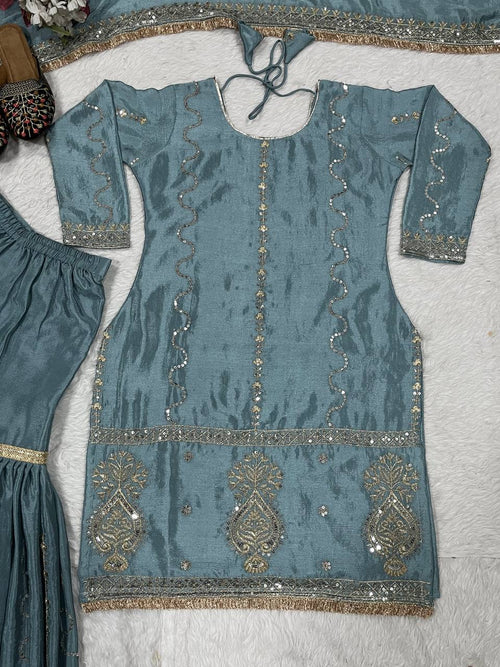 Chinon Silk Embroidered Sharara Palazzo Set with Dupatta — Ready to Wear