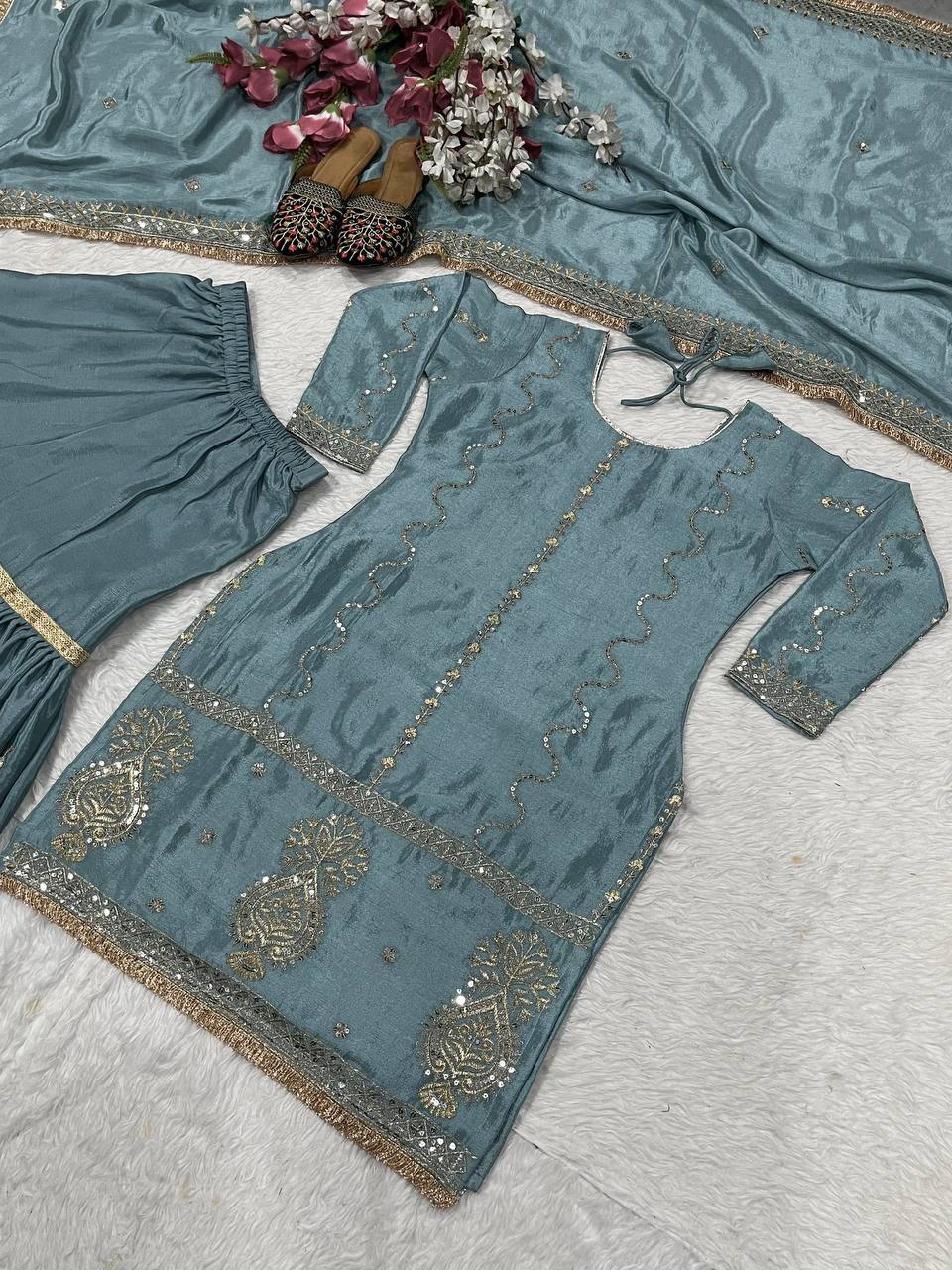 Chinon Silk Embroidered Sharara Palazzo Set with Dupatta — Ready to Wear