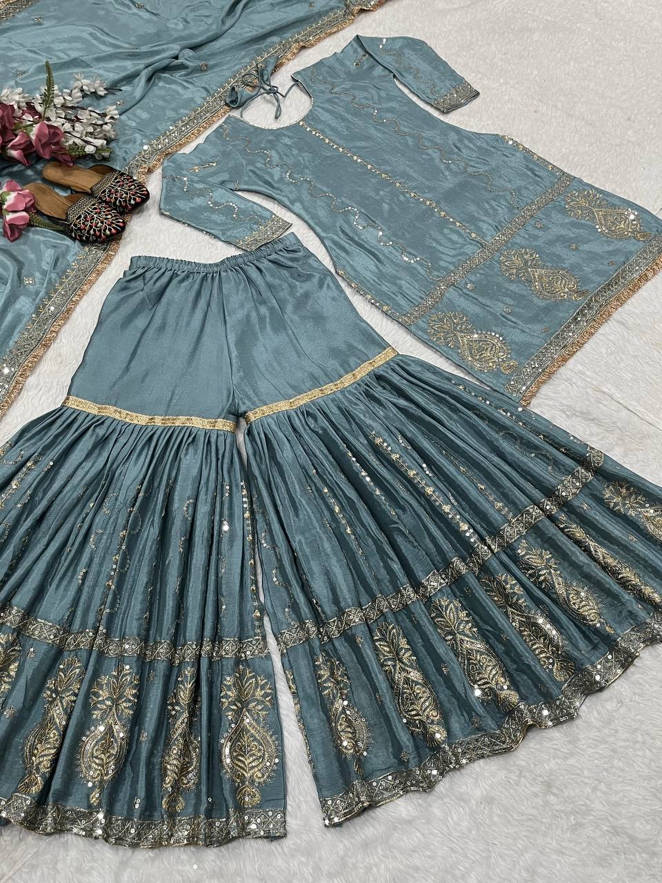 Chinon Silk Embroidered Sharara Palazzo Set with Dupatta — Ready to Wear