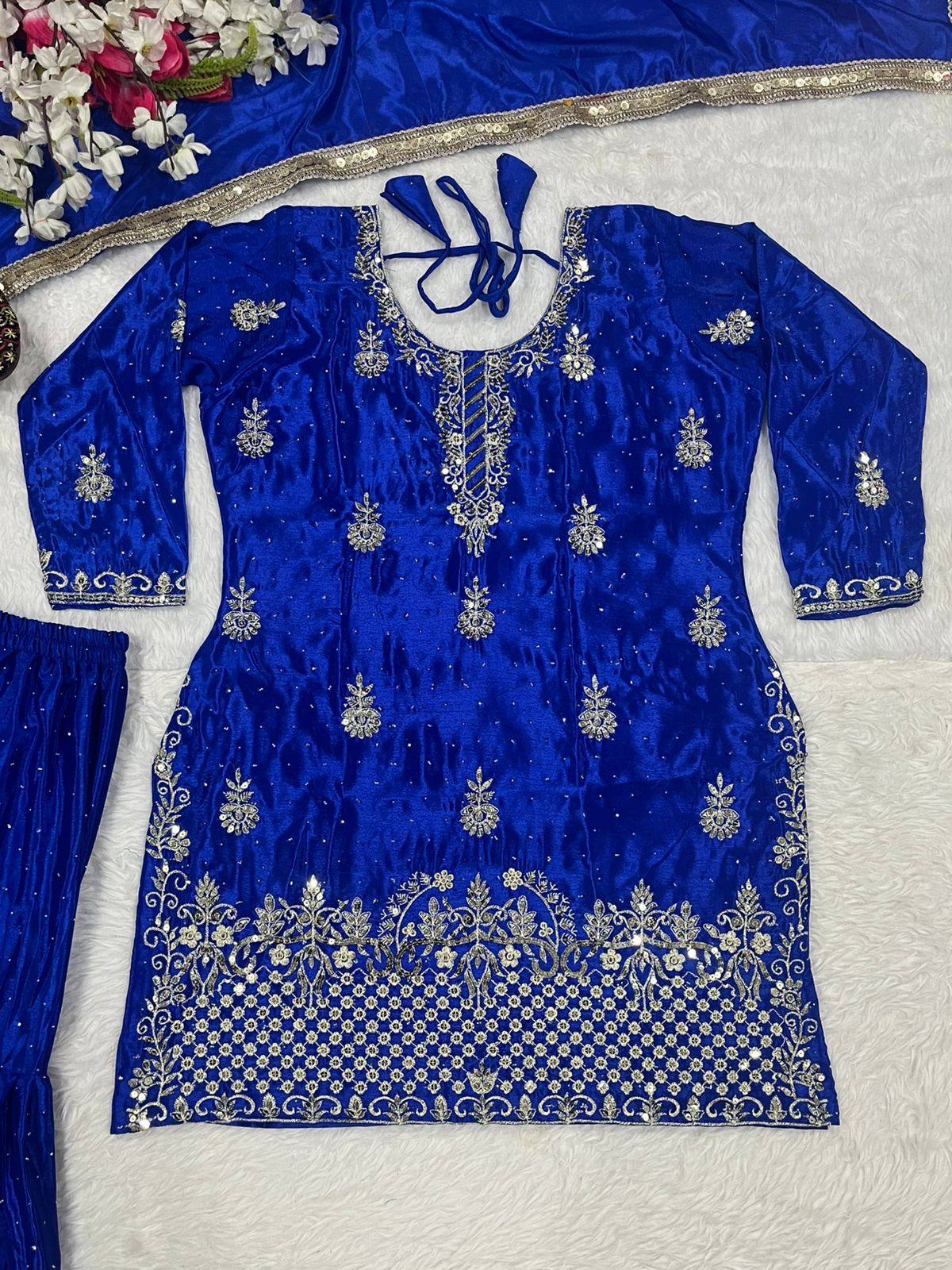 Silk Blend Kurta Palazzo Dupatta Set — Indian Party Wear