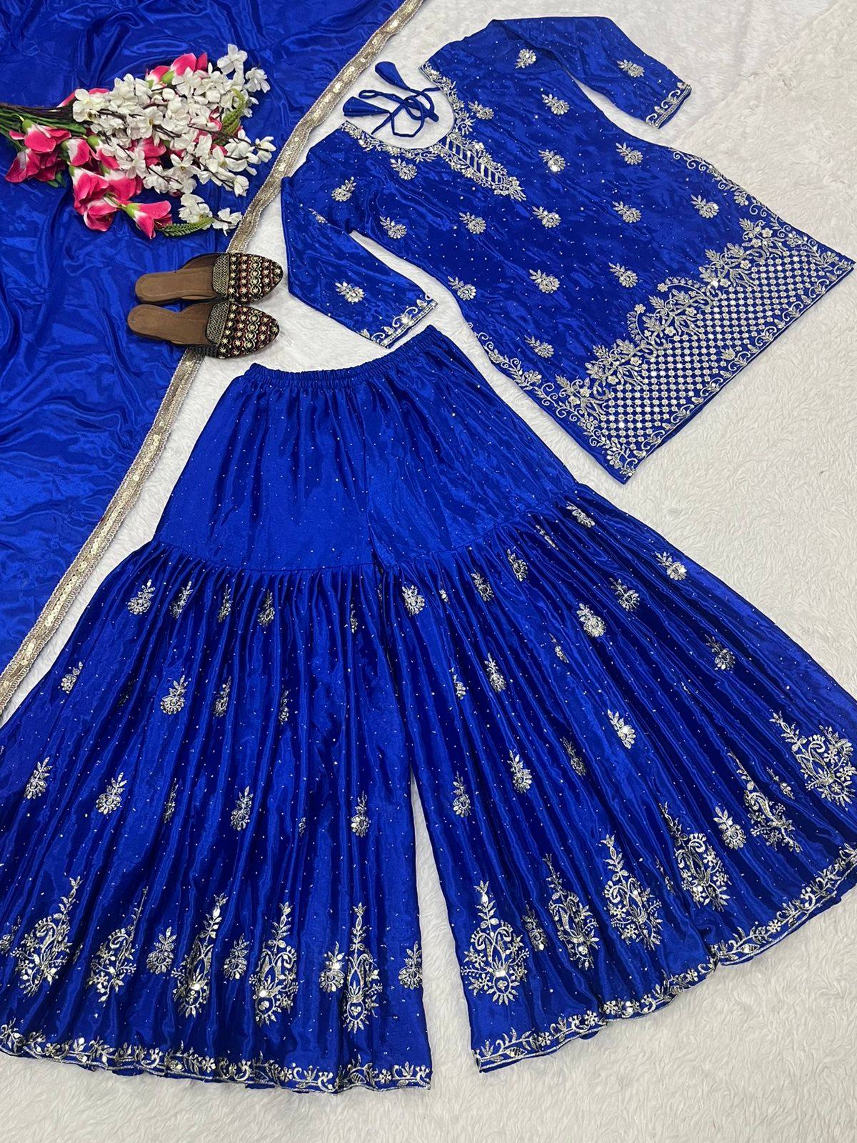 Silk Blend Kurta Palazzo Dupatta Set — Indian Party Wear