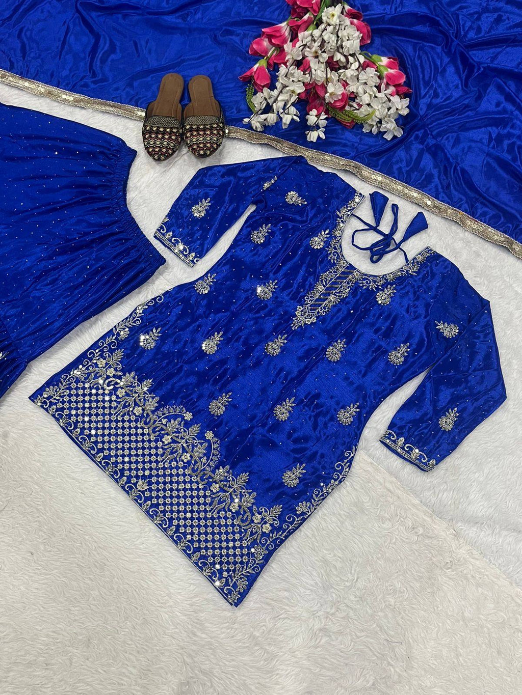 Silk Blend Kurta Palazzo Dupatta Set — Indian Party Wear