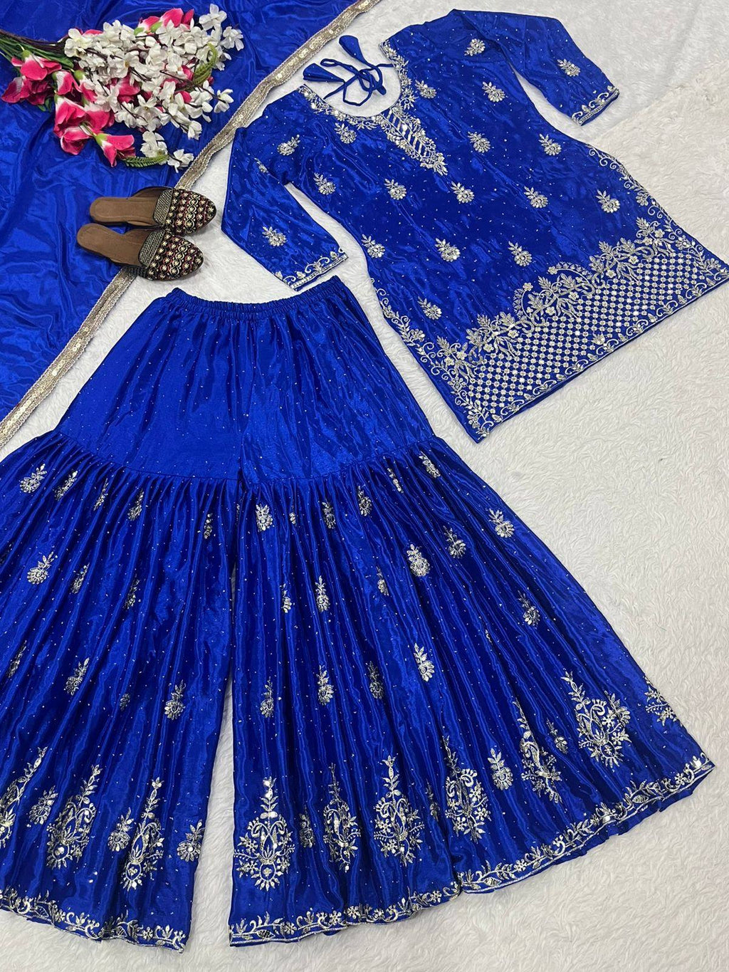 Silk Blend Kurta Palazzo Dupatta Set — Indian Party Wear