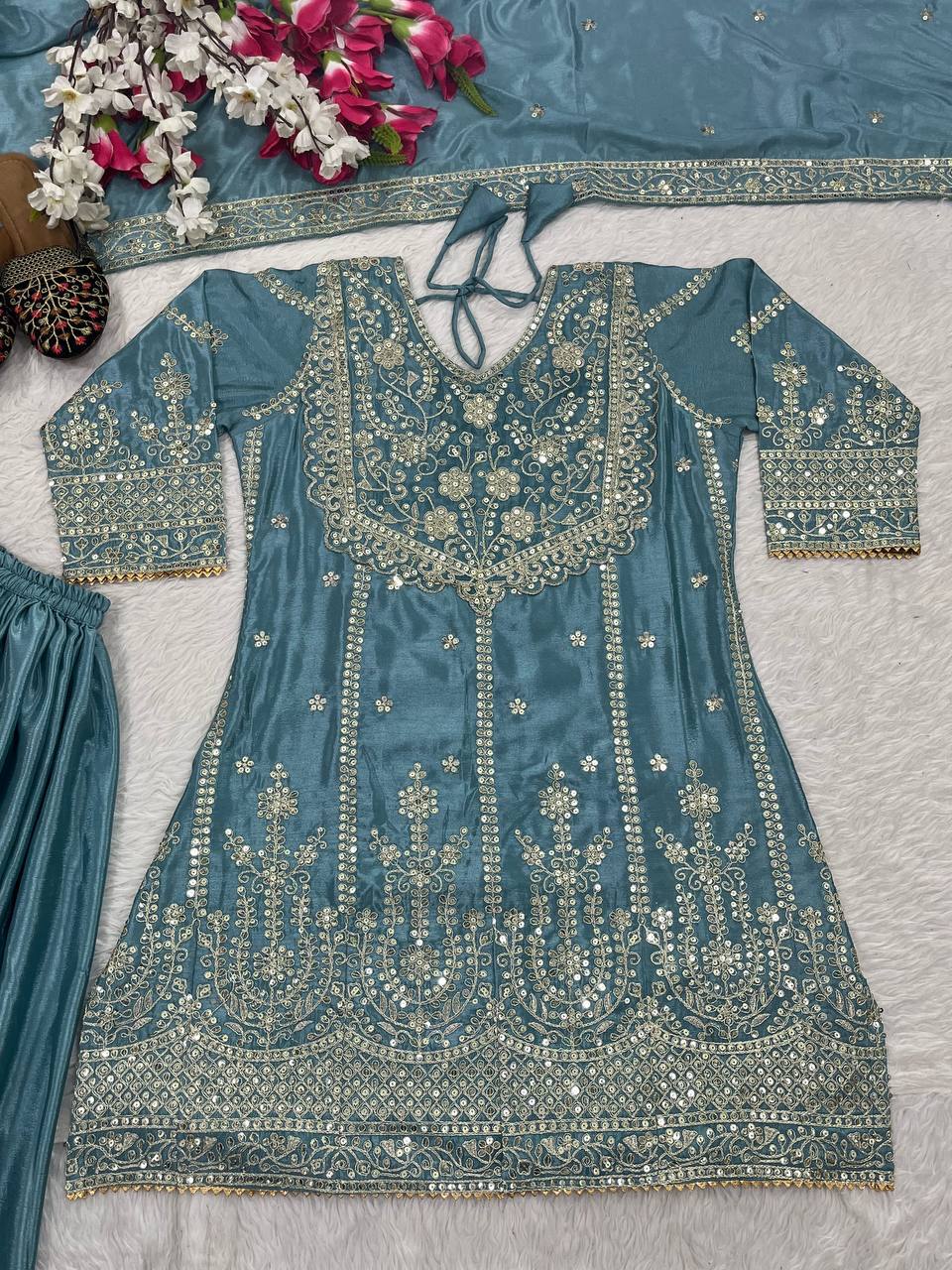 Blue Chinon Silk Sequin Embroidered Sharara Palazzo Suit