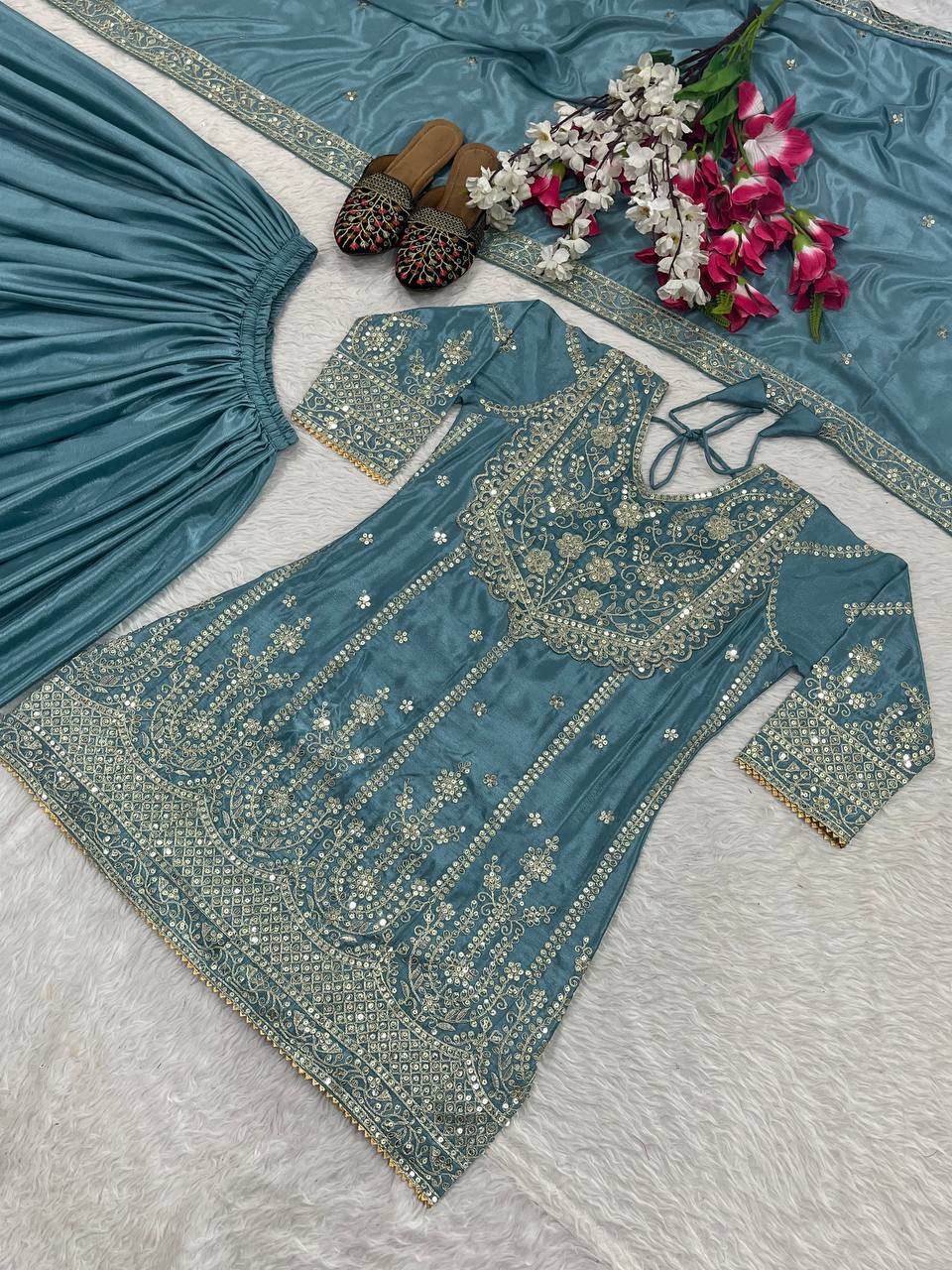 Blue Chinon Silk Sequin Embroidered Sharara Palazzo Suit