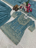 Blue Chinon Silk Sequin Embroidered Sharara Palazzo Suit