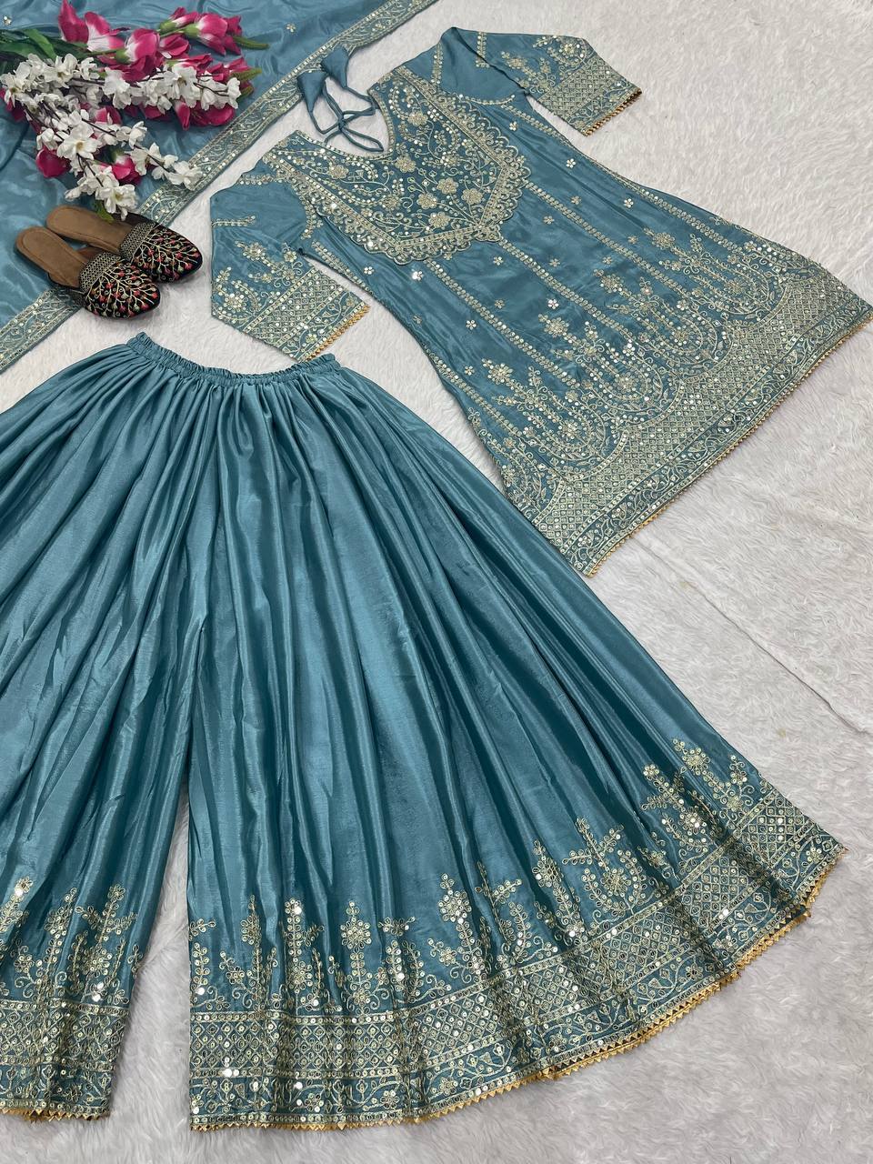 Blue Chinon Silk Sequin Embroidered Sharara Palazzo Suit