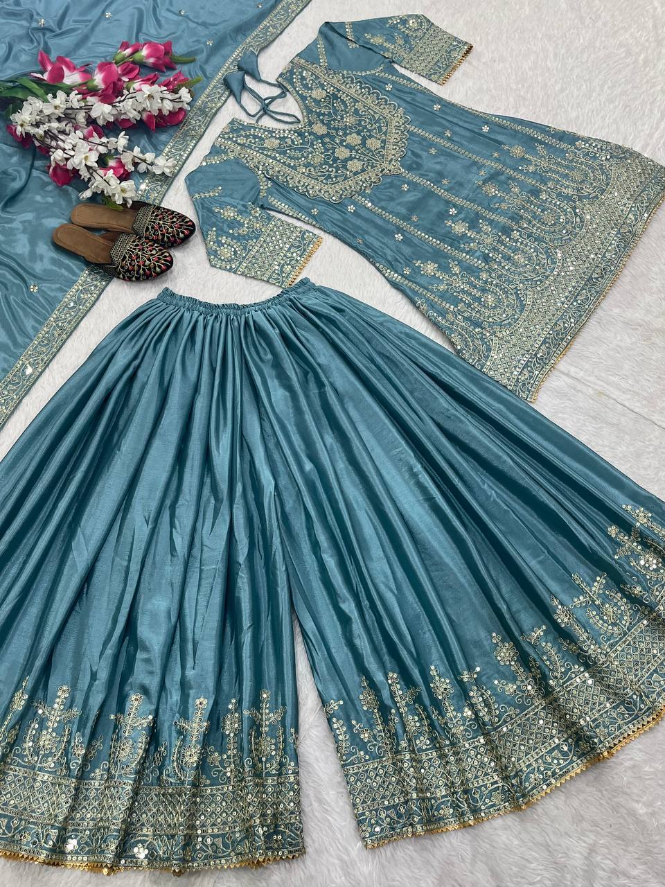 Blue Chinon Silk Sequin Embroidered Sharara Palazzo Suit
