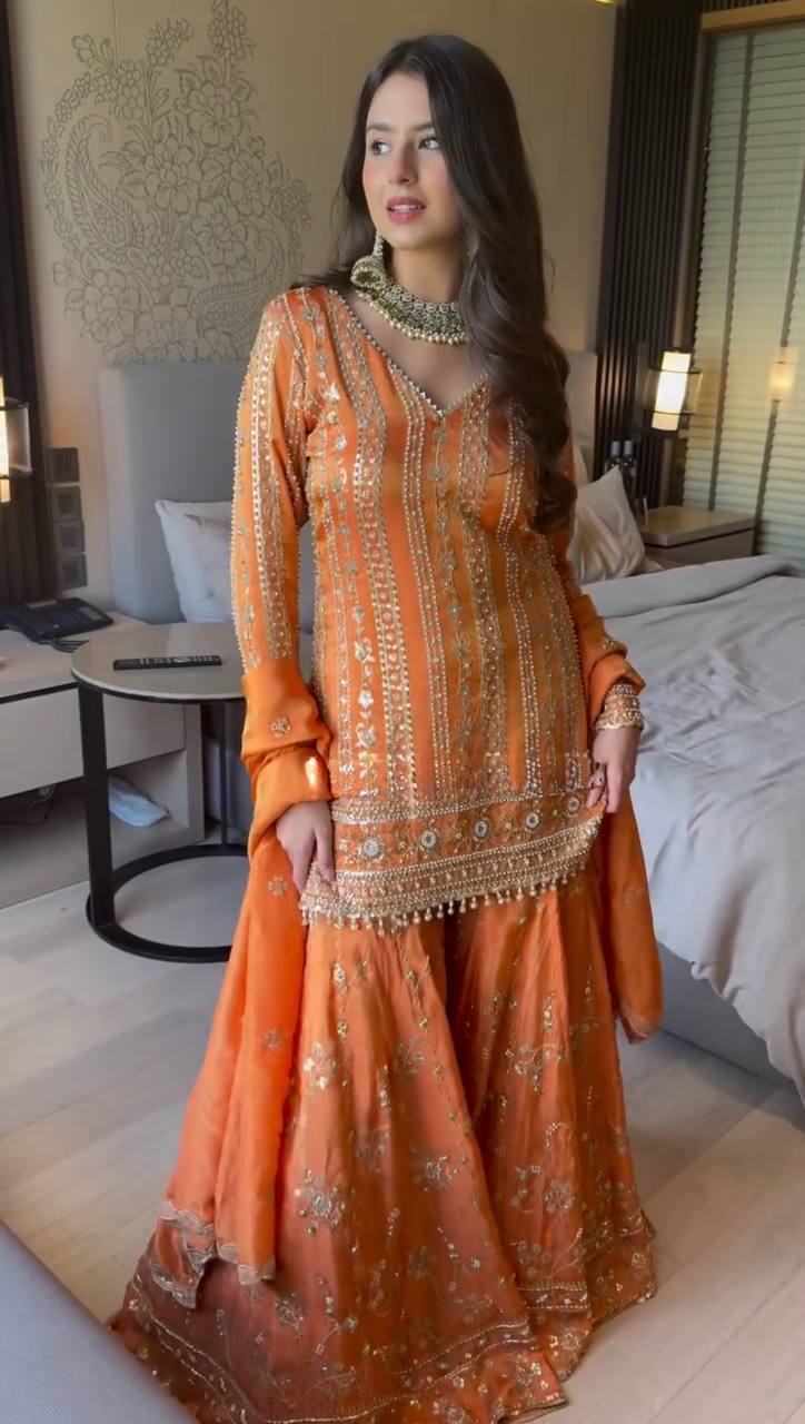 Rust Orange Georgette Handmade Embroidered Sharara Salwar Suit