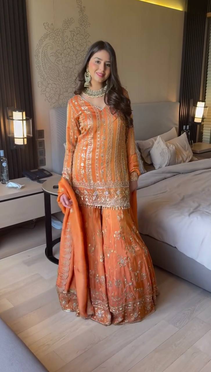 Rust Orange Georgette Handmade Embroidered Sharara Salwar Suit