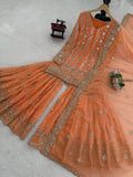 Rust Orange Georgette Handmade Embroidered Sharara Salwar Suit