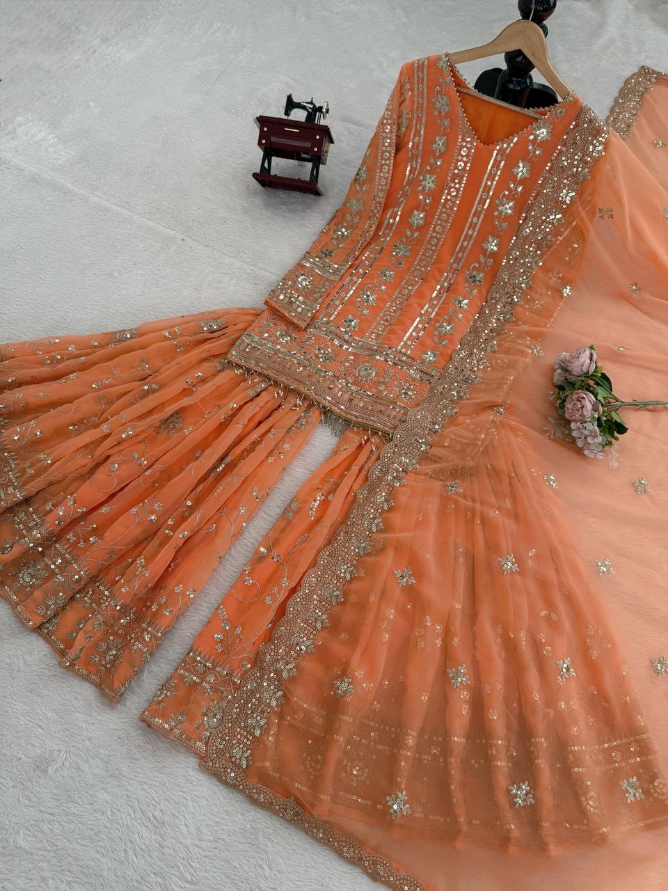 Rust Orange Georgette Handmade Embroidered Sharara Salwar Suit