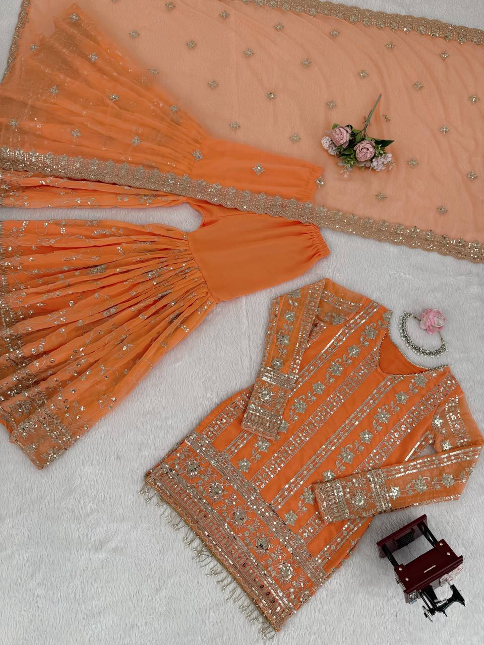 Rust Orange Georgette Handmade Embroidered Sharara Salwar Suit