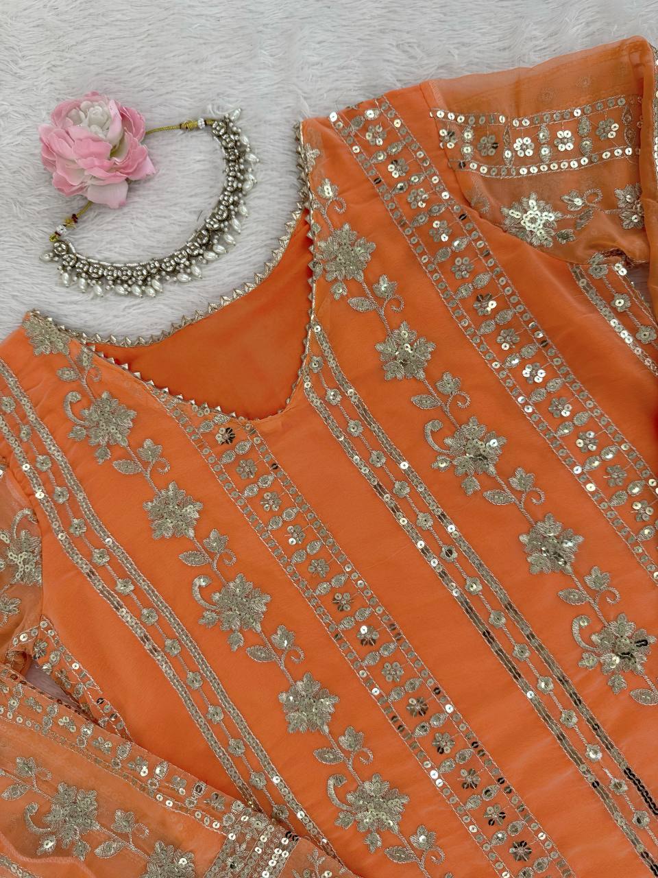 Rust Orange Georgette Handmade Embroidered Sharara Salwar Suit